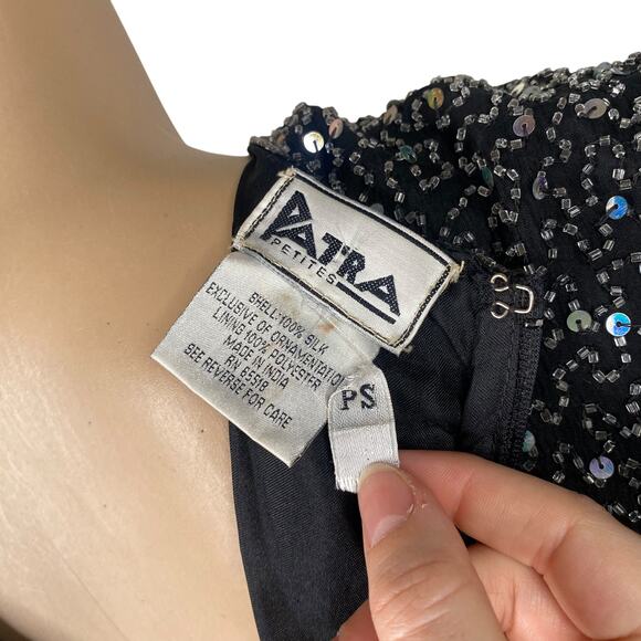 Patra Vtg Black Silver Iridescent Beaded Sequin Short Sleeve Blouse SZ PS - Picture 6 of 11